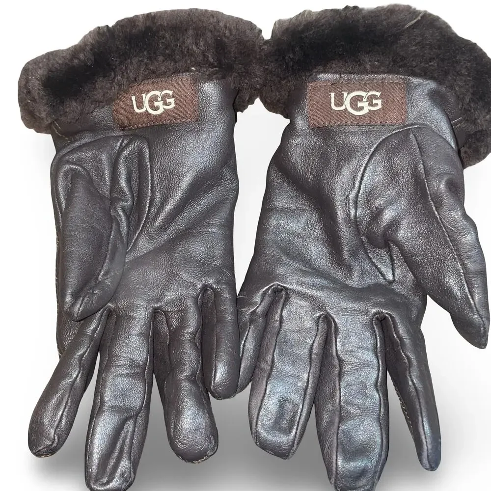 UGG Womens Brown Leather Gloves Size Small S Wool Cashmere Lined Winter Luxury